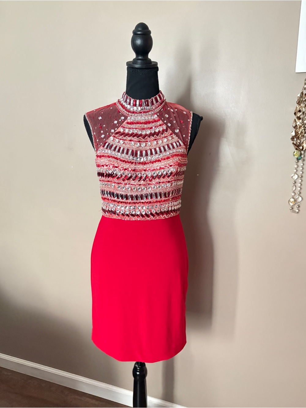 Mori Lee red sleeveless mock neck beaded mini dress mesh back formal hoco sz 6
